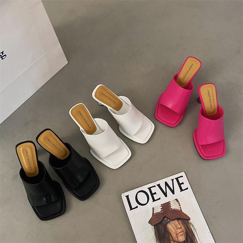 Hongkai~ Summer 2024 European and American fashion high-heeled sandals simple word daily square head middle heel slippers women's sandals