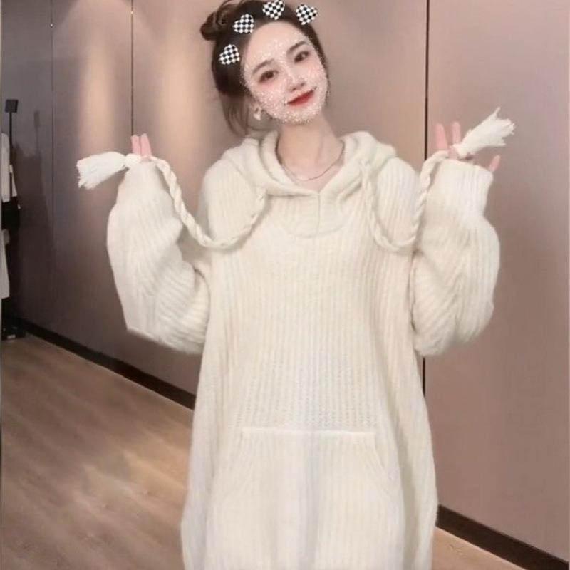 Korean Style Knitted Hoodies Women Spring Autumn Long Sleeves Hooded Sweater Coats Fashion Sweet All-matched Hoodies