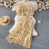 Holiday Style Suit Western Style Puff Sleeve Short Top High Waist Pleated Skirt Chiffon Floral Two-Piece Set