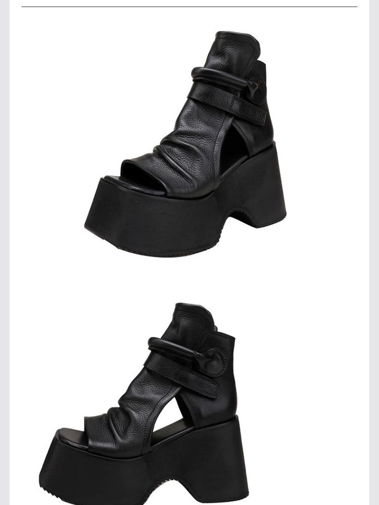 Johnature Vintage Thick Sole Sandals Boots Women Peep Toe Genuine Leather Comfort Heightening Platform Shoes