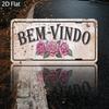 2D Flat Vintage Aluminum Sign -Rustic Wall Decor with "BEM-VINDO" Text & Pink Roses, Ideal for Cafe, Restaurant, Bedroom, Office