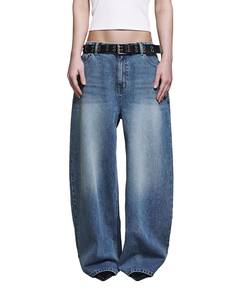Lotaib Stud Line Wide Denim Pants - Mid Blue