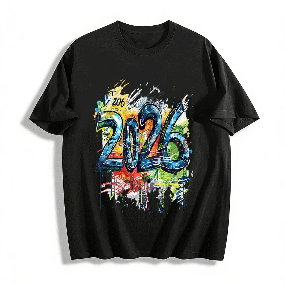 

2026 Graffiti Print Street Style Casual Loose Crew Neck Short Sleeve Tee Pure cotton T-shirt XXS