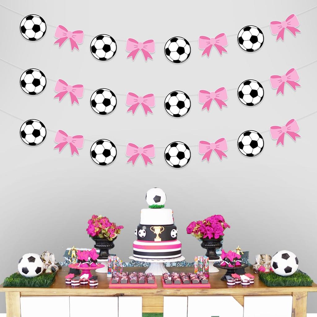 Jollyboom Soccer Gender Reveal Decoration, 3pcs Goals or Bows Gender Reveal Decoration Garland Soccer Ball Bow Banner Pre-Strung for Soccer Sport