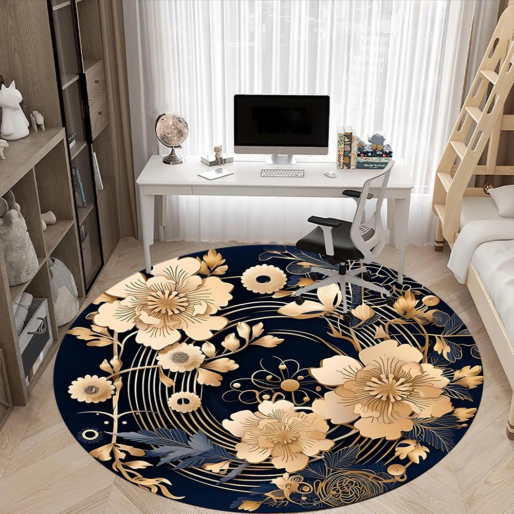 1pc Floral Ornament Office Round Area Rug, Indoor Mat Suitable For Office, Under Office Chairs Bedroom Living Room Home Decor, Room Deco