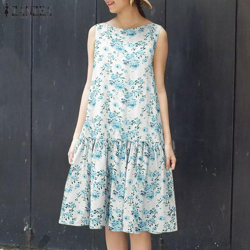 ZANZEA Women Casual Round Neck Sleeveless Floral Print Dress
