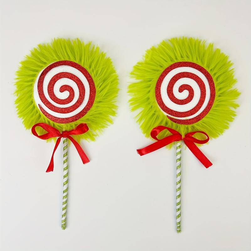 2PCS/SET Christmas Tree Picks Decorations, Polyester Plush Candy with Green & Red Lollipop, Festive Xmas Branch Ornaments
