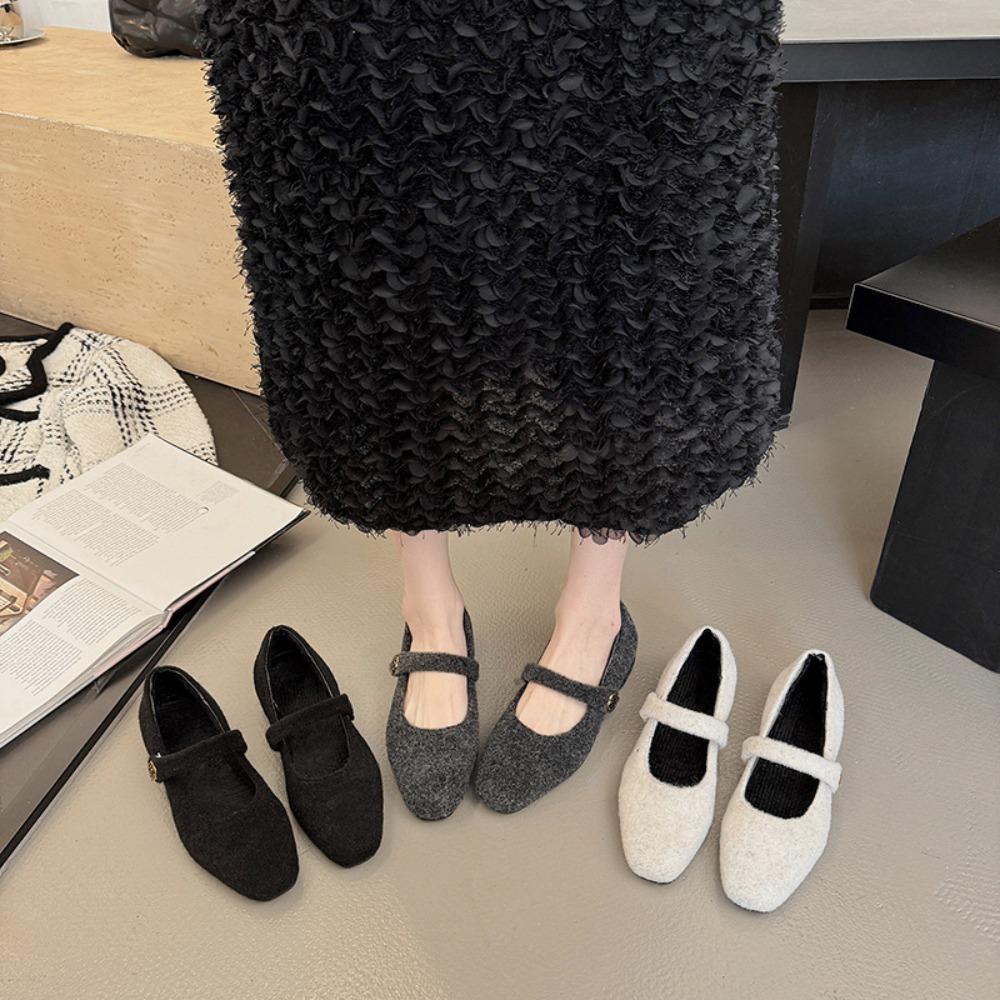 Autumn Woolen Fur Women Cotton Flats Shoes Concise Outdoor Soft Sole Shoes Ladies Comfort Square Toe Warm Mary Jane Shoes