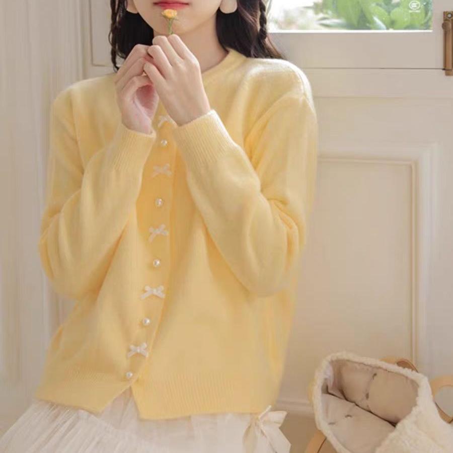 Pearl Button Bow Knot Sweater - Women's High-End Light Yellow Knit Cardigan