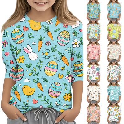 T-shirt décontracté pour enfant à col rond, manches sept-quarts, imprimé Pâques