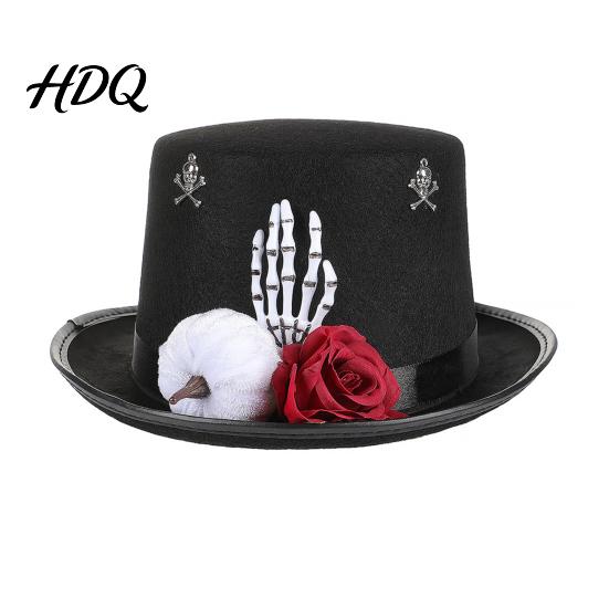 Felt Witch Hat Adults Top for Men Women Steampunk Halloween Cosplay with Skeleton Dark Style Fancy Dress Hand And Rose Black Gothic Costume Cosplay