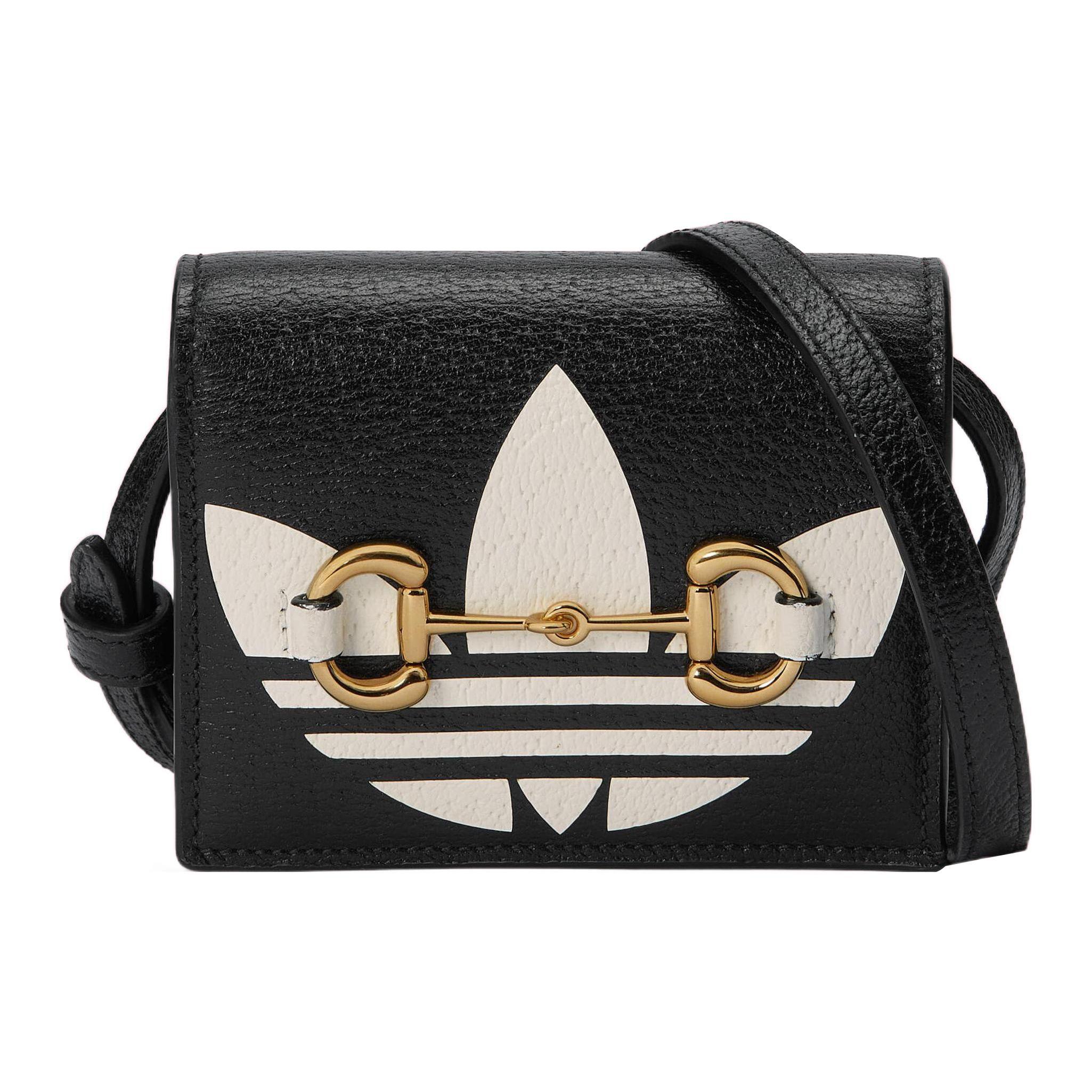 

GUCCI X Adidas Horsebit Mini Bag Trefoil Print Black Leather Gold Hardware Shoulder Crossbody Handbag for Women Daily Commute Party 702248-DJ24G-1057 Gift Set(Basic Set+Box+Shopping Bag)