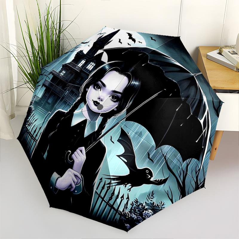 1pc Under the Moonlit Sky Wednesday Automatic Opening and Closing Cartoon Umbrella - Small Umbrella Suitable for Various Occasions I096
