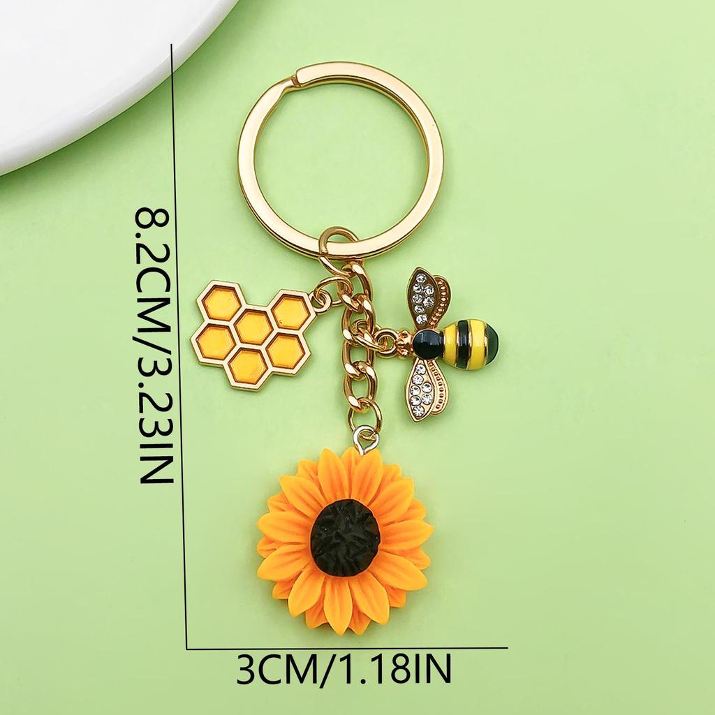 Personalized Pearl Bee & Sunflower Honeycomb Keychain Charm