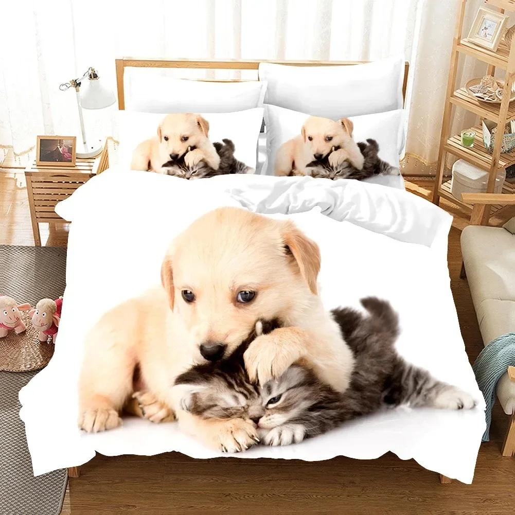 3D Dog And Cat Comfortable Duvet Quilt Cover Pillowcase Bedding Set Children Bedroom Decoration Home Textile