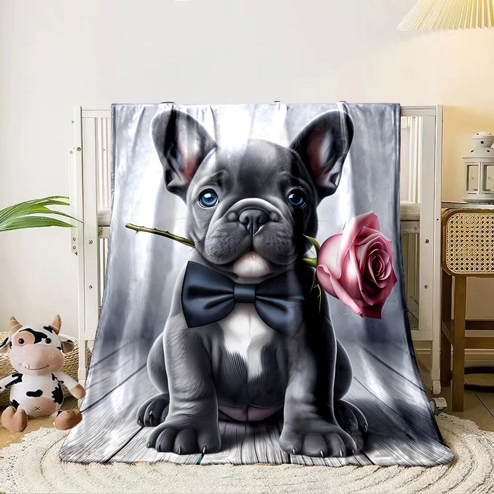 A gray dog with blue eyes, wearing a bow tie and holding a pink rose. for all seasons blanket lunch break throw gift 80cm x 120cm