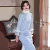 Womens Winter Warm Fleece-Lined Chinese Style Long Sleeve Dress With Stand Collar Closure