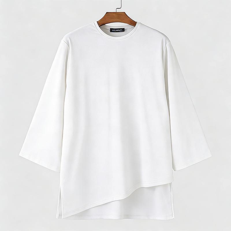 INCERUN Oversized Summer Men O Neck 3/4 Sleeve iIrregular Casual Long T-shirts Tee Tops