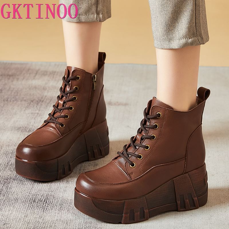 Fashion GKTINOO  Fashion Retro Women Platform Boots Autumn Round Toe Genuine Leather Wedge Heel Ankle Boots Women Handmade Casual Shoes