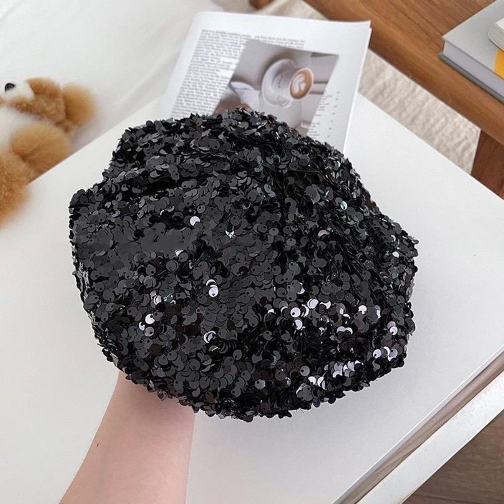 Блестящая модная шляпа художника Модная женская восьмиугольная кепка Берет с блестками и пайетками Фотография чёрный