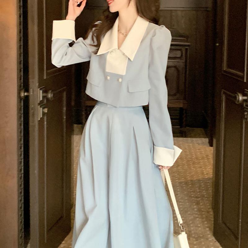 Elegant Women Spring Korean Fashion Blazer Suits Vintage Long Sleeve Blazers+Hight Waist Long Skirts 2 Pieces Sets Office Lady