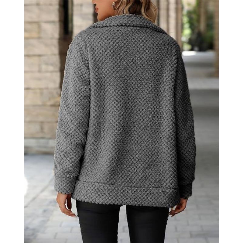 Women S Loose Casual Plush Coat With Pockets Lapel Zip Up