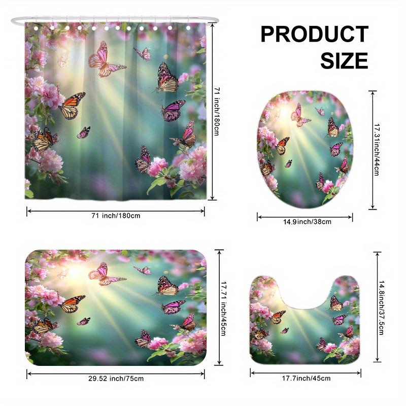 4pcs Spring Butterfly Dance Floral Print Shower Curtain Set, Bathroom Decor Set Includes Shower Curtain, Non-Slip Bath Mat