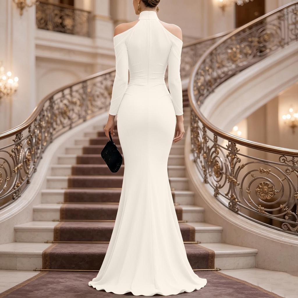 Damen Hals Sheer Mesh Off-Shoulder Langarm Abendkleid Elegant Bodenlang Raffung Formelles Kleid für Events Partys