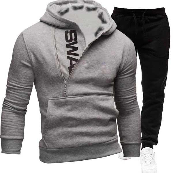 New Batch of New Style Pullover Side Zipper Contrasting Color Hooded Men's Velvet Sweatshirt Suit