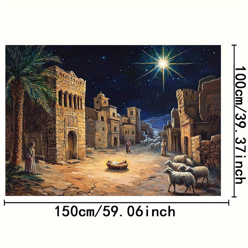 1 Christmas night scene starry sky Shepherd and Livestock stable theme background fabric - Durable polyester, birthday