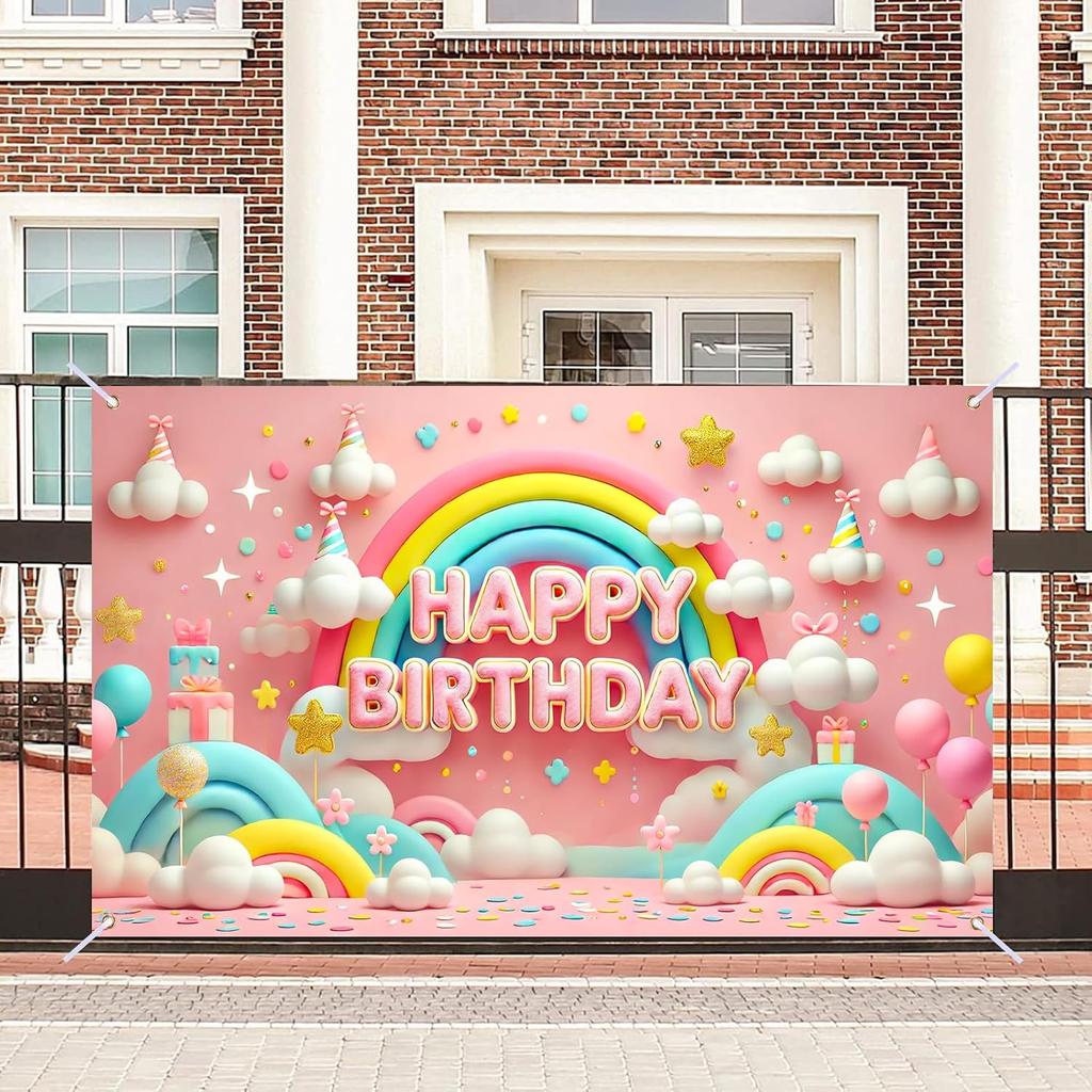 Nuxovilar Happy Birthday Banner - Large 71x43 Inch Pastel Rainbow Clouds Party Backdrop for Kids, Yard Sign, Birthday Decorations