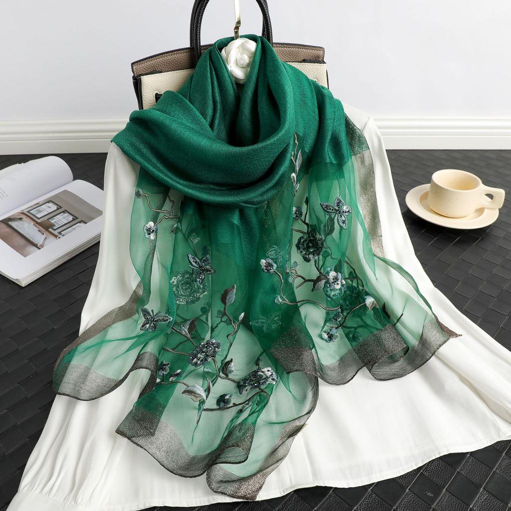 Lady Floral Embroidery Silk Wool Scarf Luxury Plaid Women Hijab Female Beach Stoles Shawl Wrap Headbands Scarves Bandana