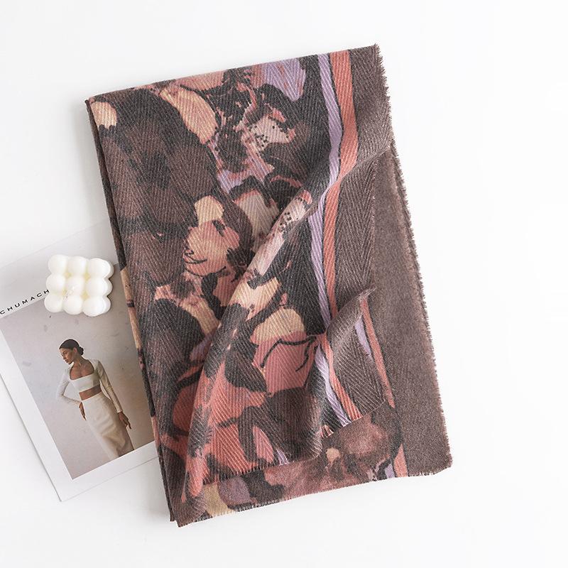 Ethnic Style Big Flower Fresh and Sweet Scarf Herringbone Pattern Thick Soft Feel Shawl Print Spring and Autumn Style Scarf