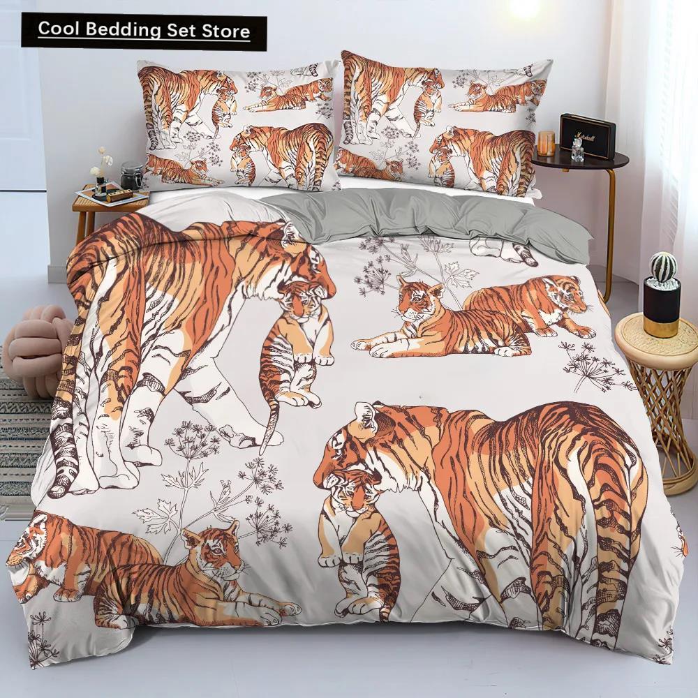 Tiger Duvet Cover Set Red Rose Flower Comforter Cover Boys African Safari Wild Animals Big Cat Queen King Polyester Qulit Cover
