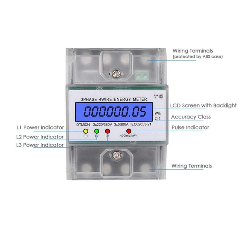 3 Phase 4 Wire Energy Meter 220/380V 5-80A Energy Consumption KWh Meter DIN Rail Installation Digital Power Meter