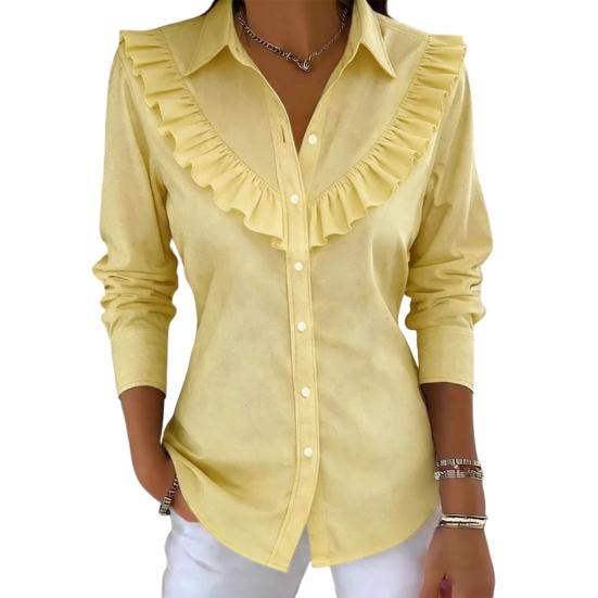 Women Shirt Lapel Long Sleeve Ruffle Decor Shirt Tops Pure Color Loose Fit Buttons Placket Casual Shirt Work Party Vacation Wear