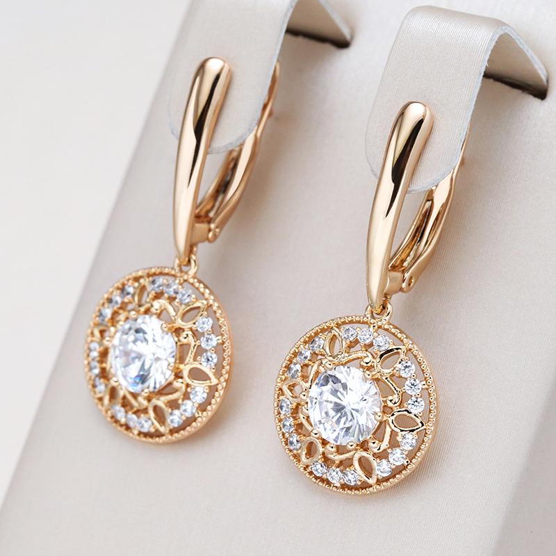 Luxury  Rose Gold Color Drop Earring Women Natural Zircon Flower Boho Bridal Wedding Daily Jewelry