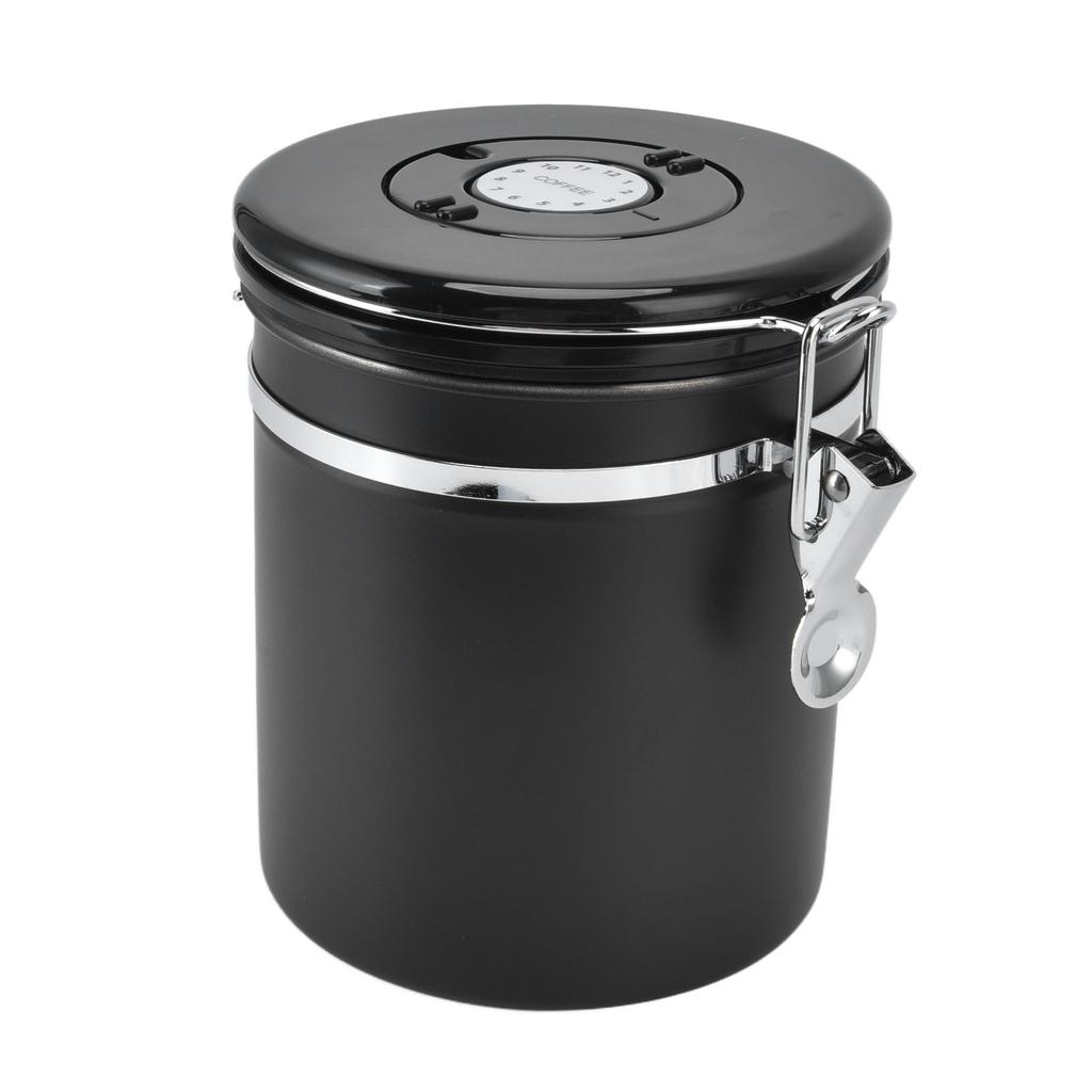 Airtight Coffee Canister Storage Jar Date Tracker CO2 Release Valve Stainless Steel Container Black