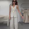 2 Pcs/Set Women Vest Pants Suit V Neck Button-down Sleeveless Top Wide Leg Loose Trousers Formal Business Style Commuter Outfit