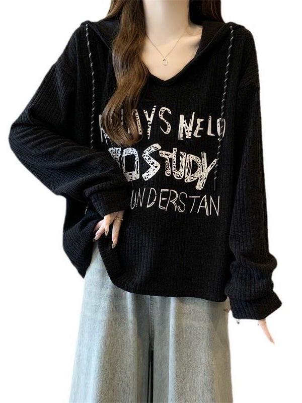 Women's Designer Hooded Drop Shoulder Sweatshirt - Slimming Plus Size, Slightly Overweight, Ribbed Base Layer for 2025 Autumn/Winter