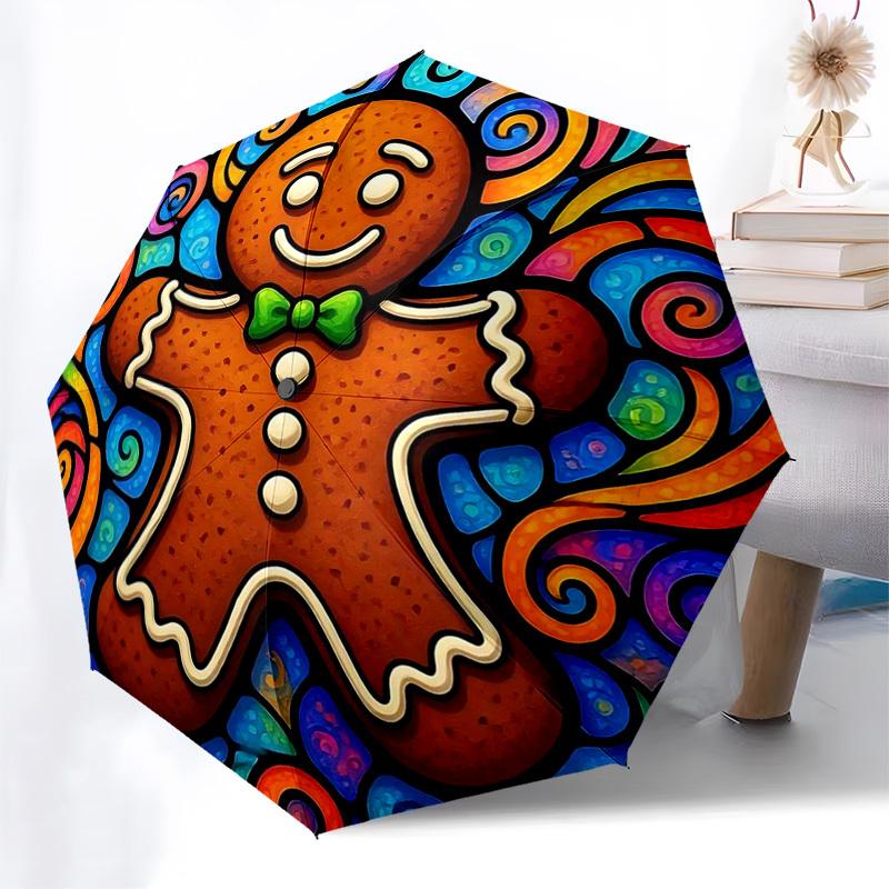 

1pc Colorful Gingerbread Man Automatic Folding Umbrella - Portable 3-Fold Design with Iron Frame, Perfect for Outdoor Use, Festive Gift, Travel, Daily