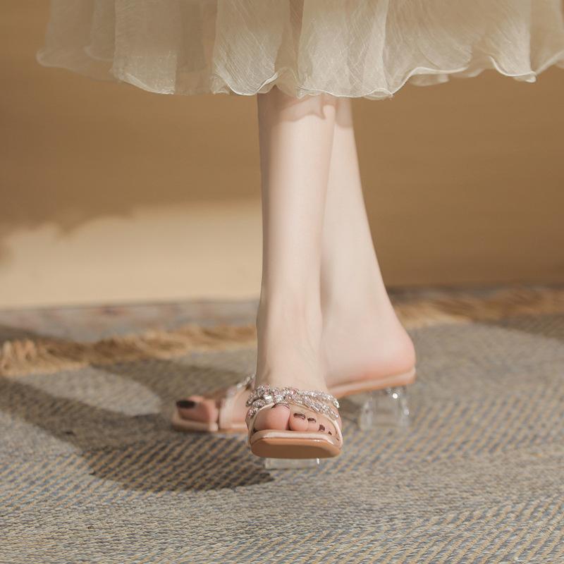 2025 New Square Head Open-toed Middle Heel Fairy Style Temperament with Rhinestone Crystal and Cool Slippers Female Muller Shoes