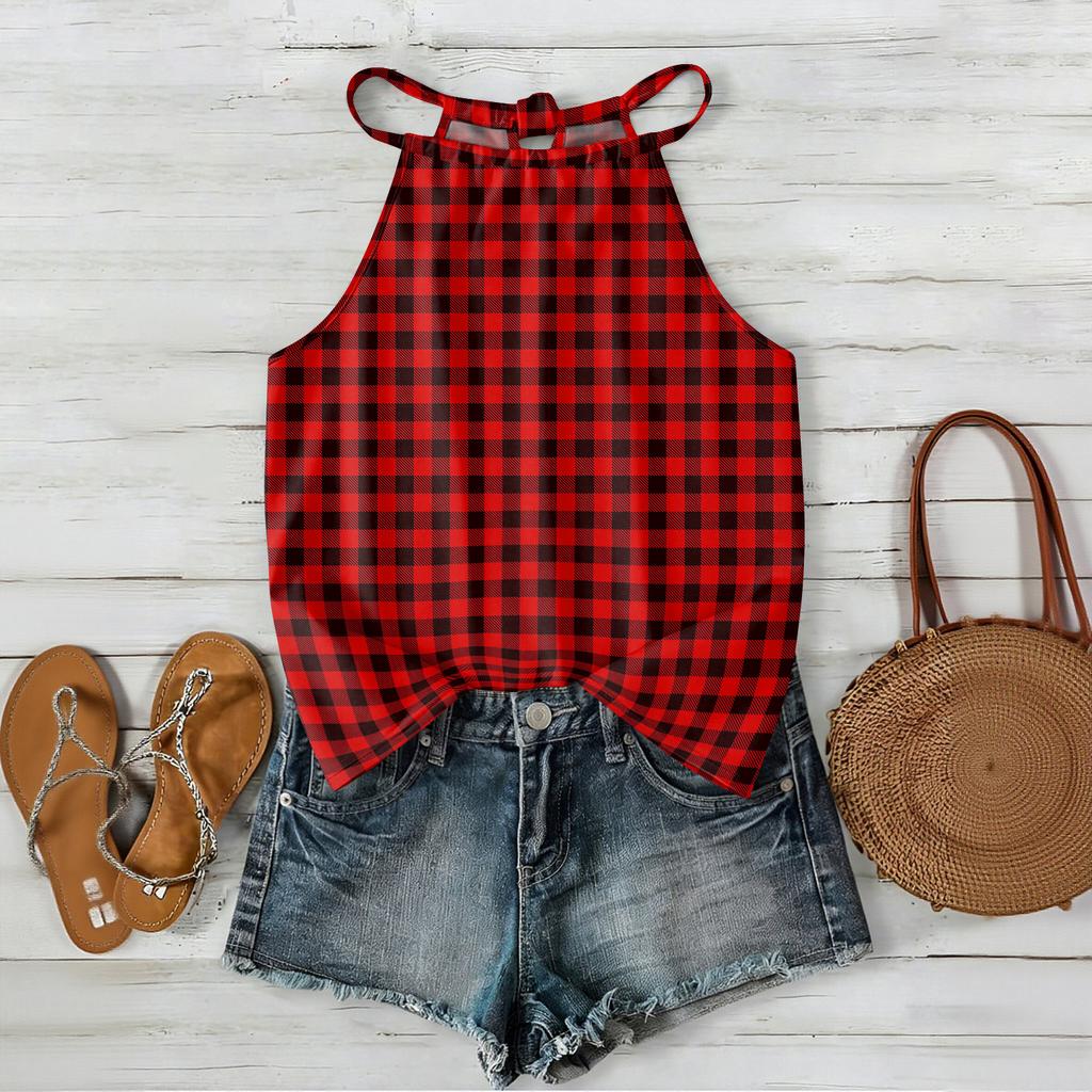 Damen ärmelloses kariertes Tanktop im Bohemian-Stil, leichte lässige Sommerbluse mit verstellbaren Trägern und lockerer Passform
