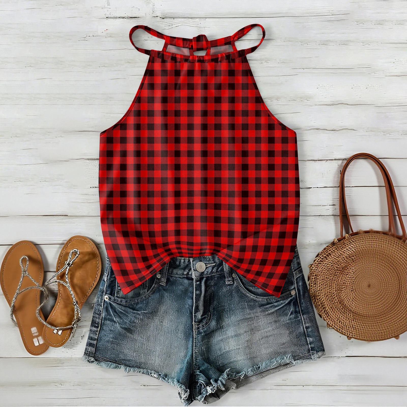 

Women Sleeveless Plaid Print Bohemian Style Tank Top Lightweight Casual Summer Blouse with Adjustable Straps and Relaxed Fit M винний