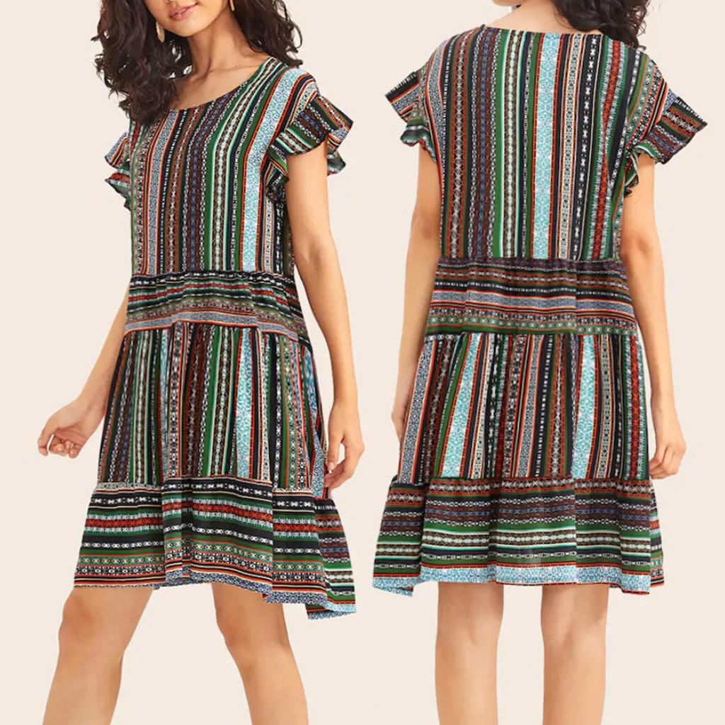 Buy Women Fashion Summer Bohemia Stripe ONeck Knee Length Short Sleeve