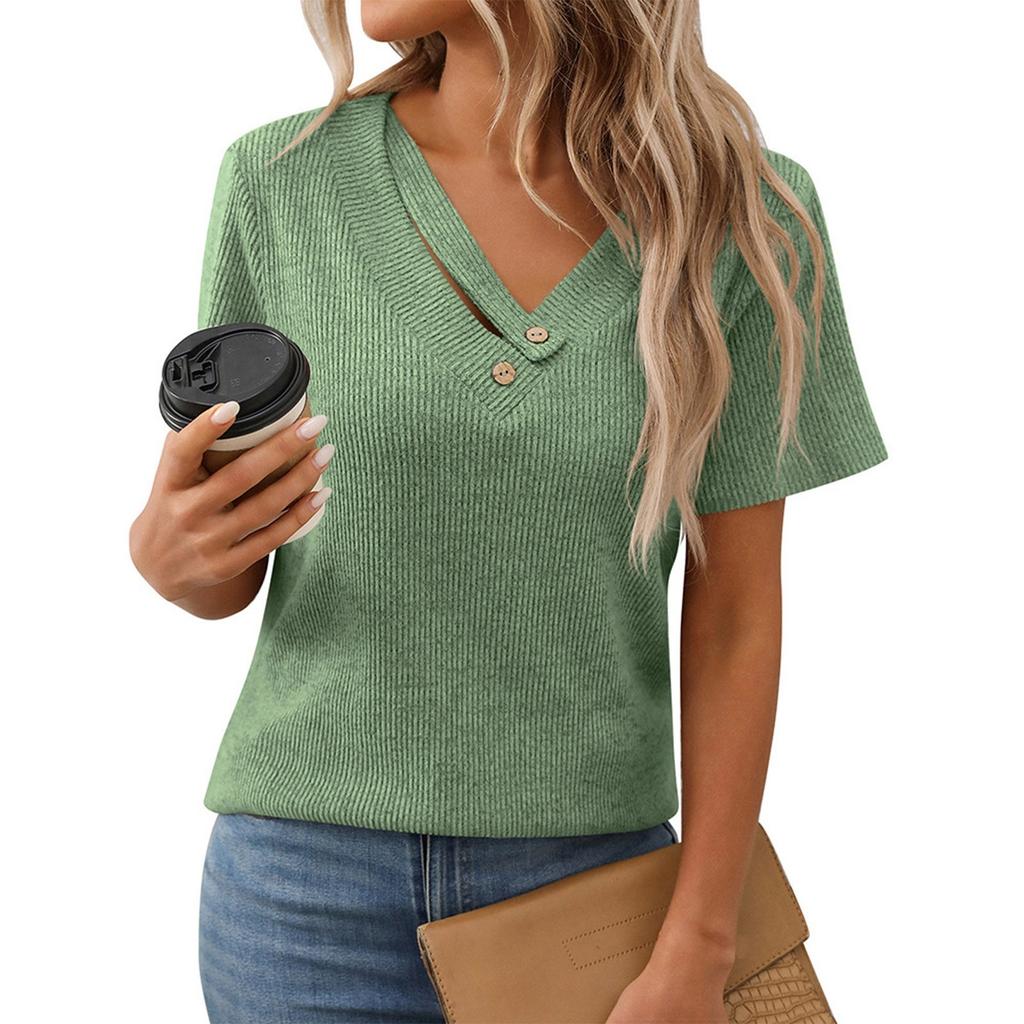 Kadın Modası Düz Renk V Yaka Düğmeli Günlük Kısa Kollu Üst
