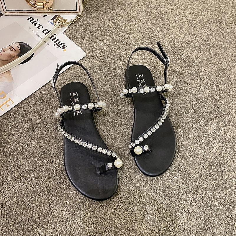 Rhinestone Pearl Toe Flat Sandals Women's Summer New Temperament Casual Shoes