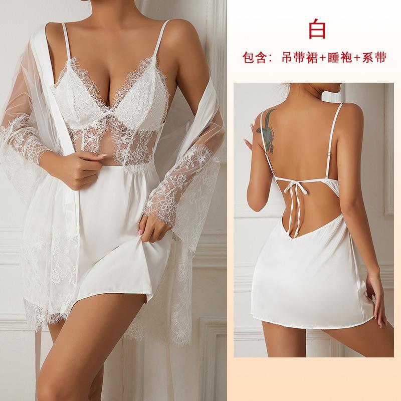 Sexy Pajama Set White Nightgown Suspender Skirt Women's See-through Suit