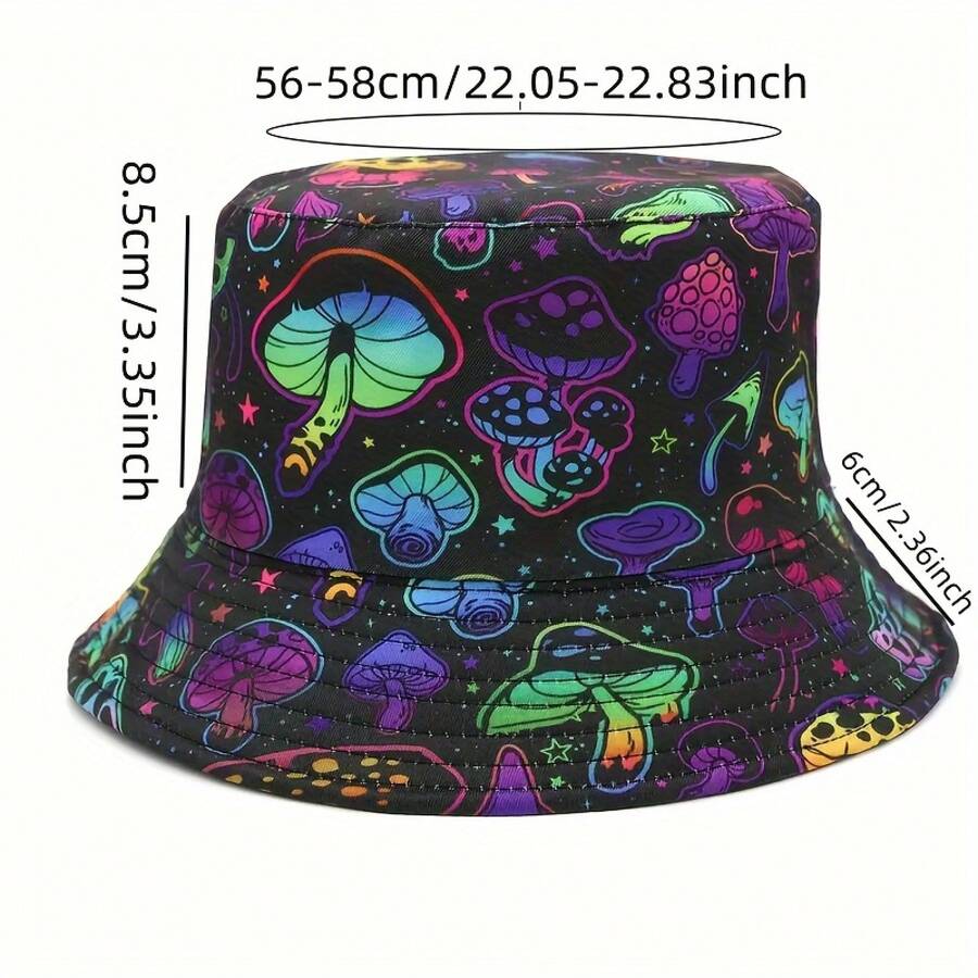 Adult Bucket Hat With Cartoon Mushroom Print, Lightweight Breathable Polyester Fisherman Cap For Outdoor