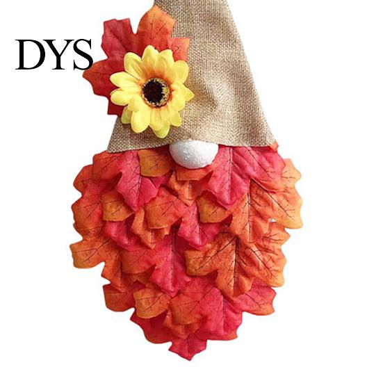 Artificial Fall Harvest Wreath Autumn Gnome Maple Leaf with LED Lights, Rustic Pointed Hat Thanksgiving Decorative Door Hanging, Farmhouse Front Home